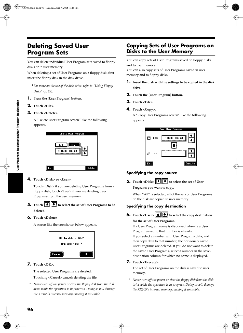 Deleting saved user program sets | Roland KR105 User Manual | Page 96 / 176