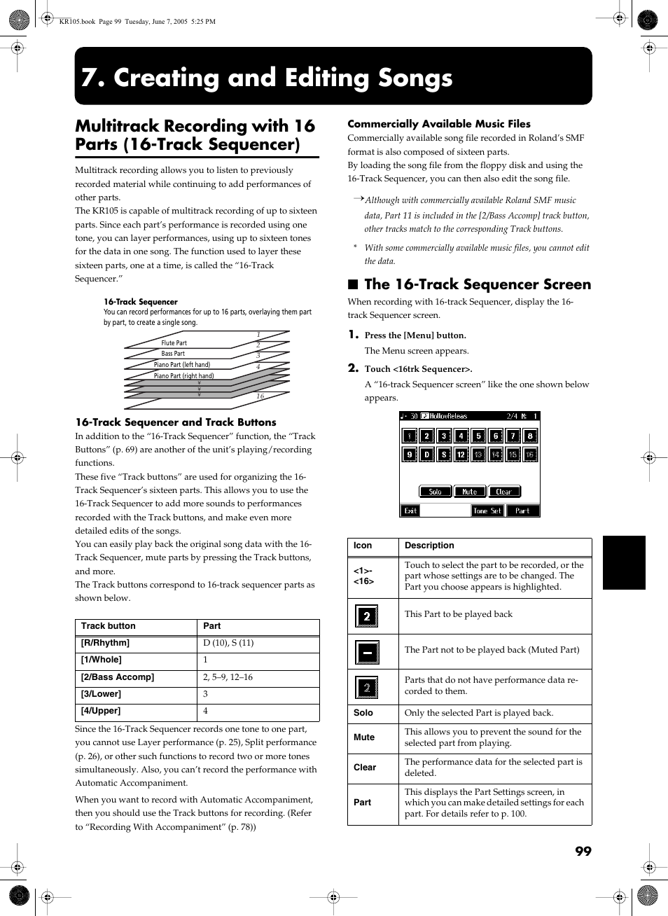 Creating and editing songs, The 16-track sequencer screen | Roland KR105 User Manual | Page 99 / 176