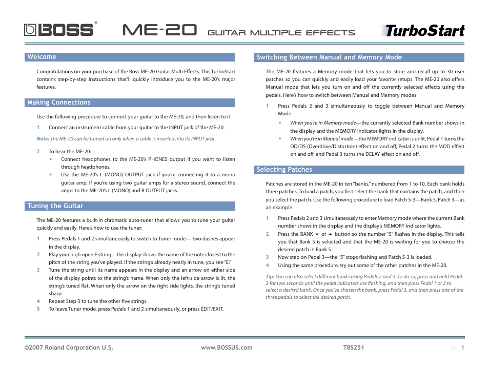 Roland ME-20 User Manual | 2 pages