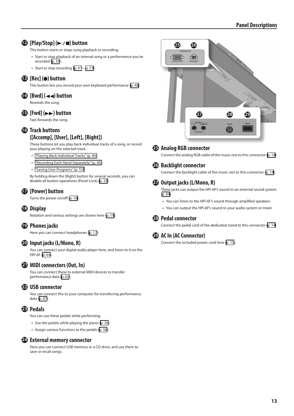 Panel descriptions, Play/stop] ( ) button, Rec] ( ) button | Bwd] ( ) button, Fwd] ( ) button, Track buttons ([accomp], [user], [left], [right]), Power] button, Display, Phones jacks, Input jacks (l/mono, r) | Roland HPi-6F User Manual | Page 13 / 80