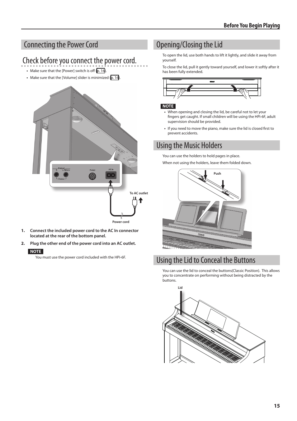 Connecting the power cord, Opening/closing the lid, Using the music holders | Using the lid to conceal the buttons, E (p. 15), Before you begin playing | Roland HPi-6F User Manual | Page 15 / 80