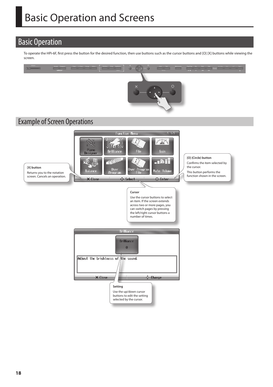Basic operation and screens, Basic operation, Example of screen operations | Ons (p. 18). p, Een (p. 18). i | Roland HPi-6F User Manual | Page 18 / 80