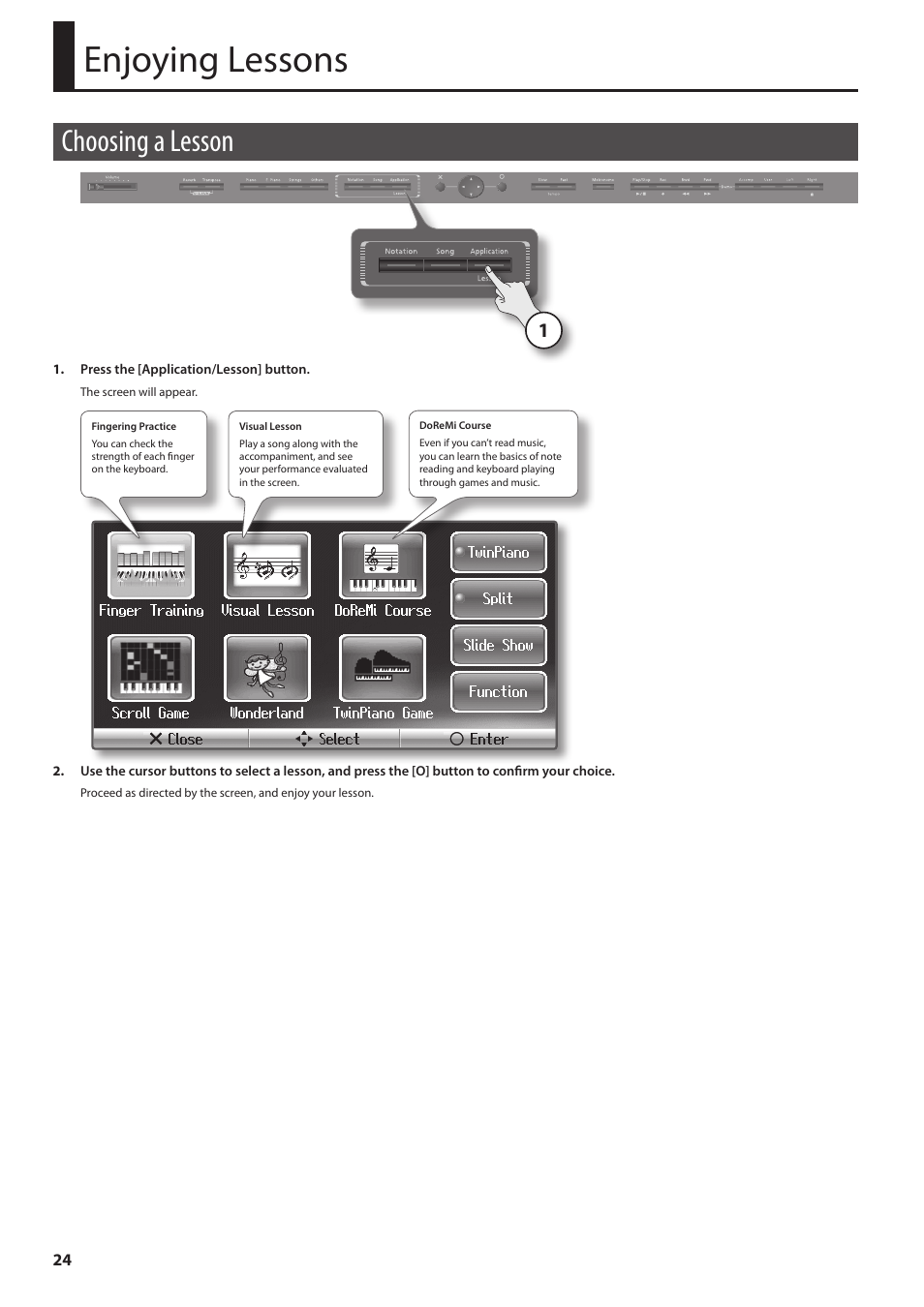 Enjoying lessons, Choosing a lesson, P. 24 | Roland HPi-6F User Manual | Page 24 / 80