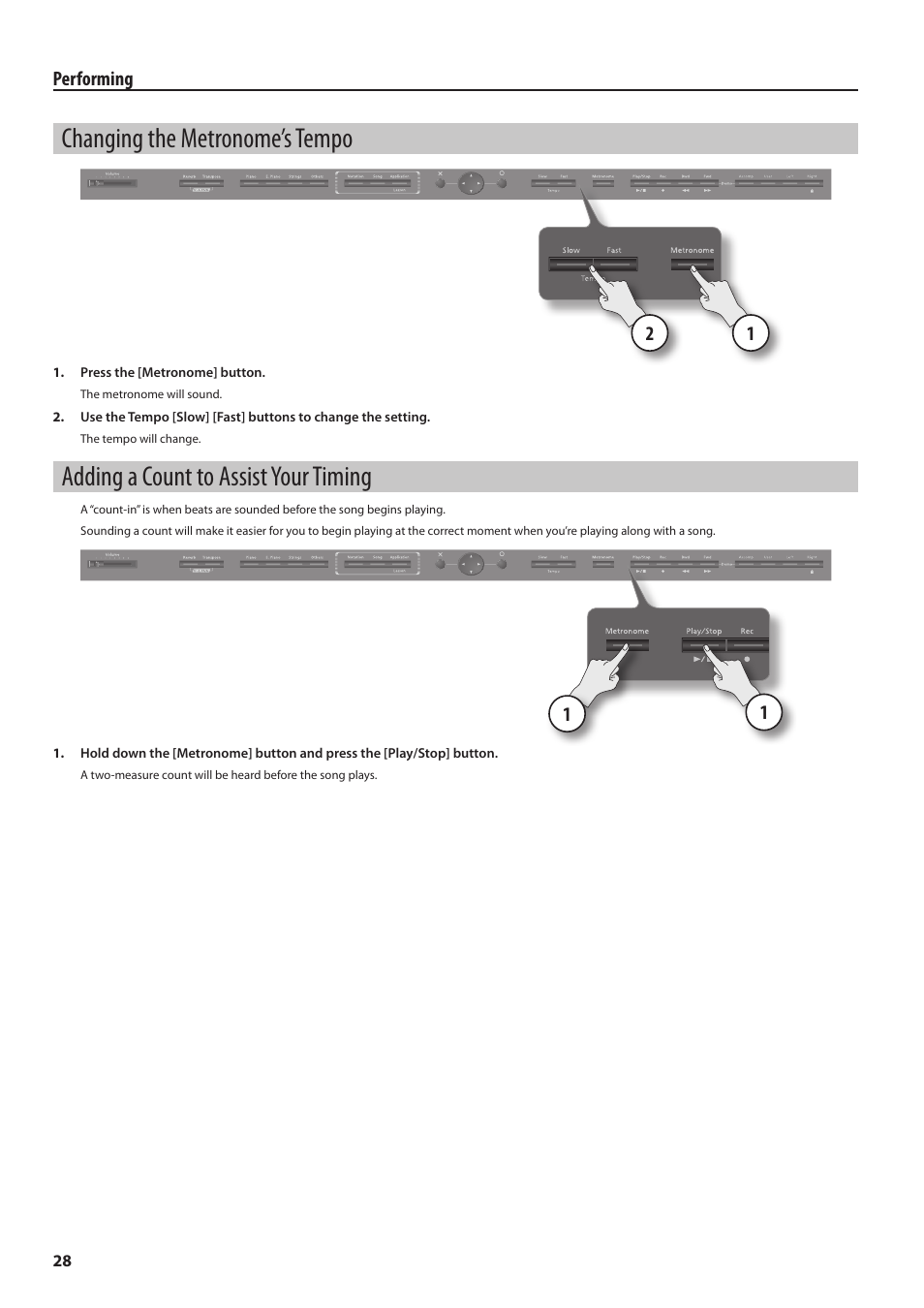 Changing the metronome’s tempo, Adding a count to assist your timing | Roland HPi-6F User Manual | Page 28 / 80