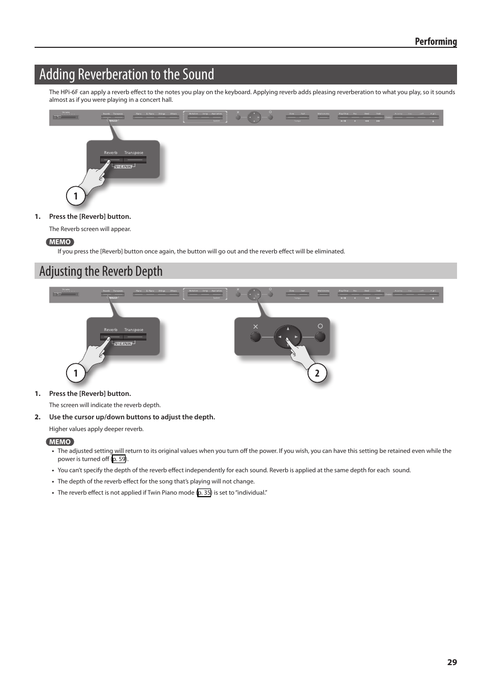 Adding reverberation to the sound, Adjusting the reverb depth, T hall (p. 29) | Performing | Roland HPi-6F User Manual | Page 29 / 80