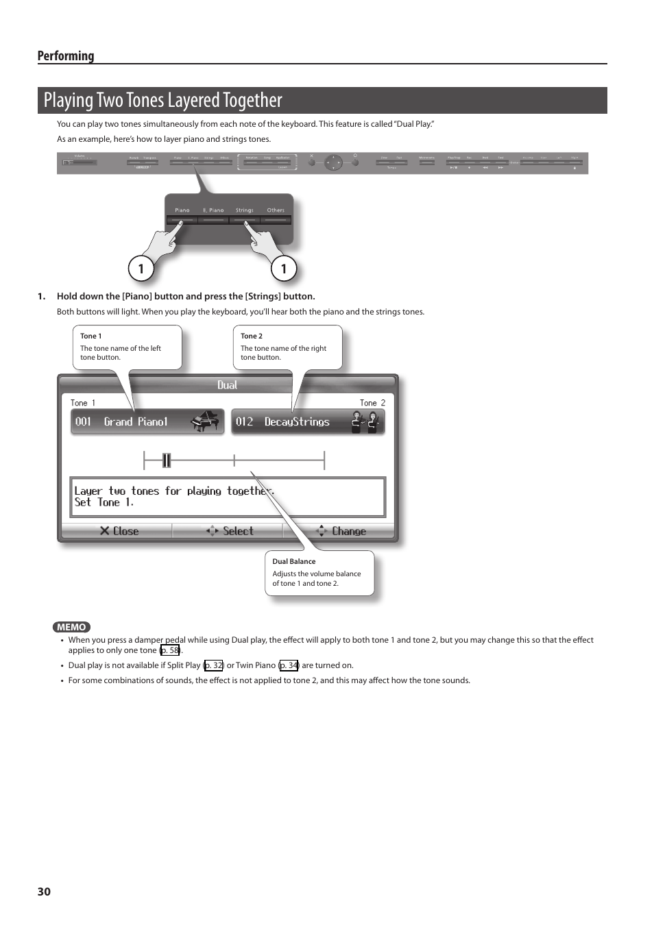 Playing two tones layered together, P. 30, Performing | Roland HPi-6F User Manual | Page 30 / 80