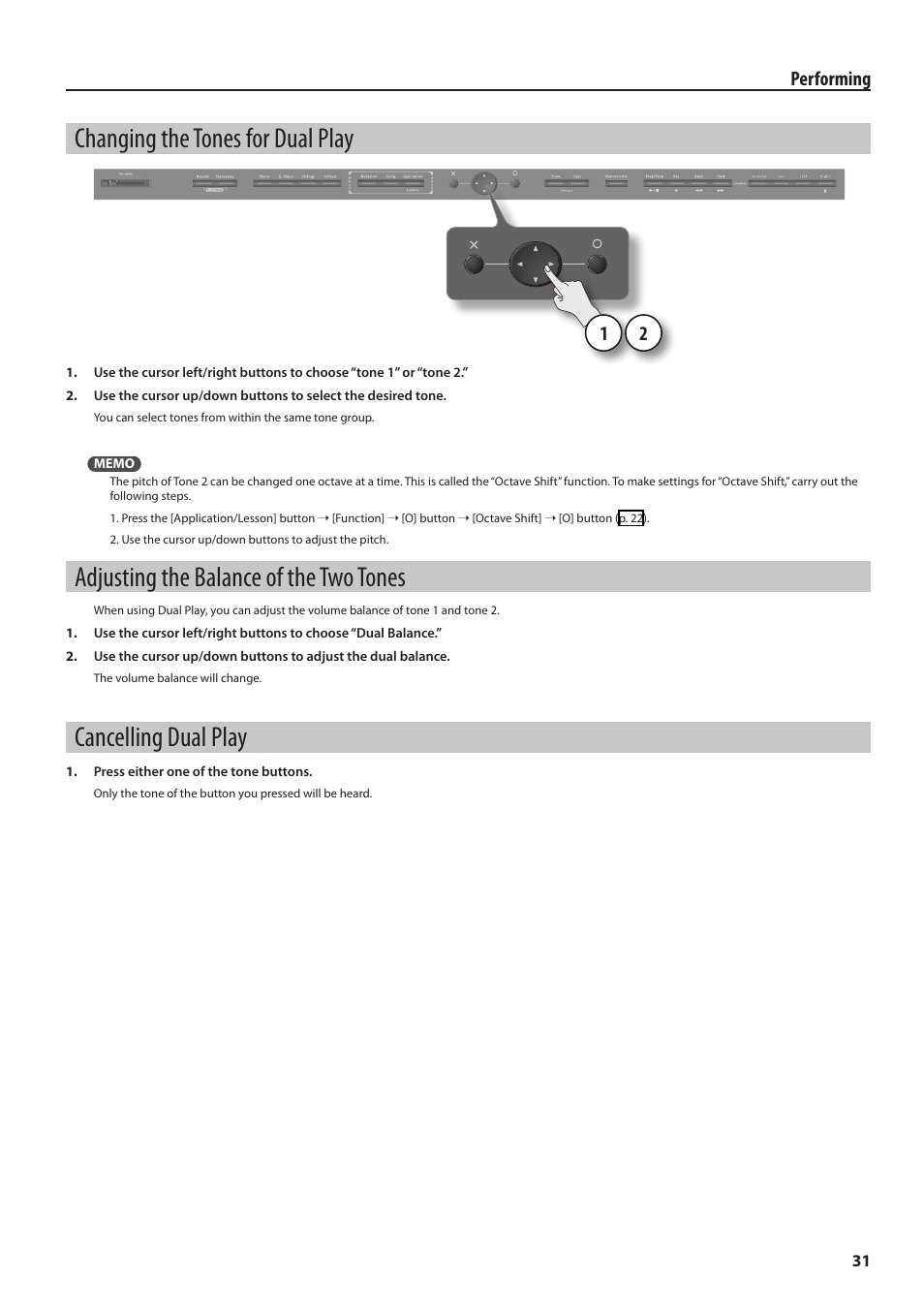 Changing the tones for dual play, Adjusting the balance of the two tones, Cancelling dual play | Roland HPi-6F User Manual | Page 31 / 80