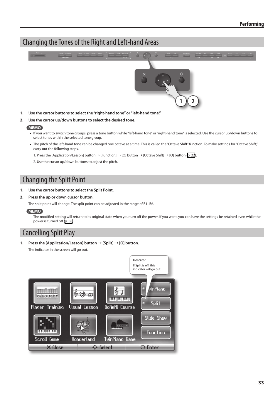 Changing the split point, Cancelling split play, Changing the tones of the right and left-hand | Areas, Performing | Roland HPi-6F User Manual | Page 33 / 80