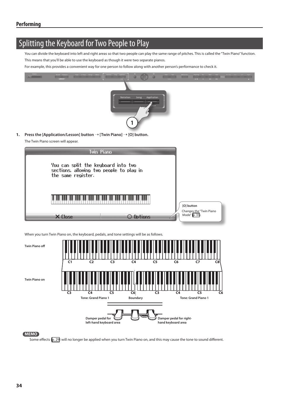 Splitting the keyboard for two people to play, P. 34, Performing | Roland HPi-6F User Manual | Page 34 / 80