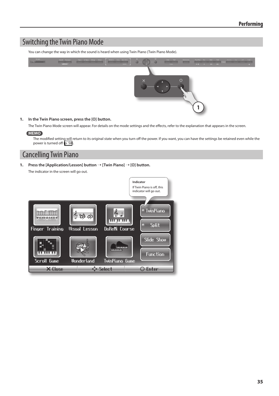 Switching the twin piano mode, Cancelling twin piano, Performing | Roland HPi-6F User Manual | Page 35 / 80