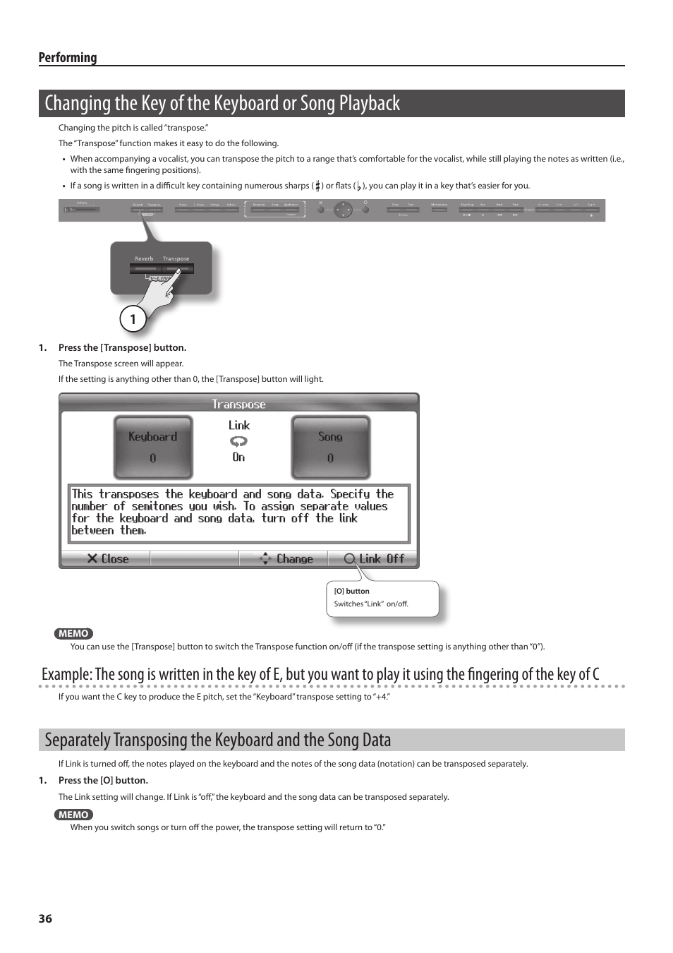 Changing the key of the keyboard or song playback, Changing the key of the keyboard or song, Playback | Separately transposing the keyboard and the, Song data, Performing | Roland HPi-6F User Manual | Page 36 / 80