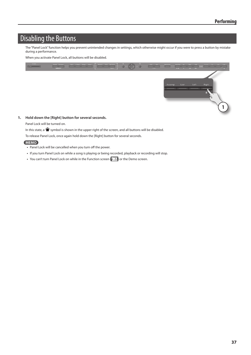 Disabling the buttons, Ock) (p. 37), Performing | Roland HPi-6F User Manual | Page 37 / 80