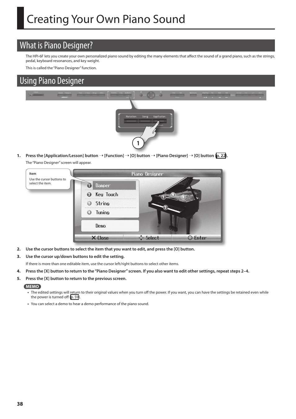 Creating your own piano sound, What is piano designer, Using piano designer | Roland HPi-6F User Manual | Page 38 / 80
