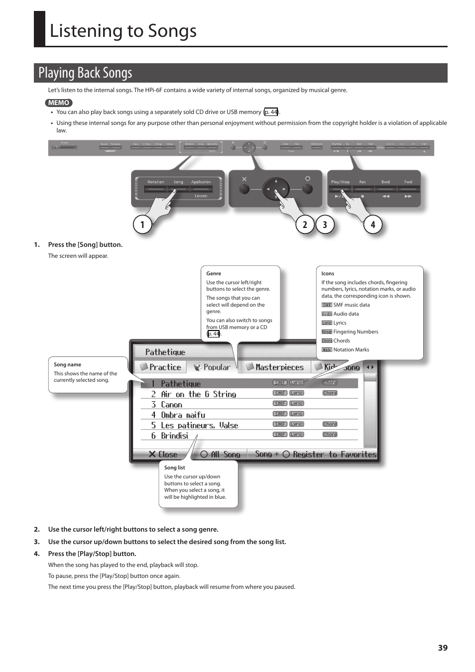 Listening to songs, Playing back songs, P. 39 | Y (p, Ded (p. 39) | Roland HPi-6F User Manual | Page 39 / 80