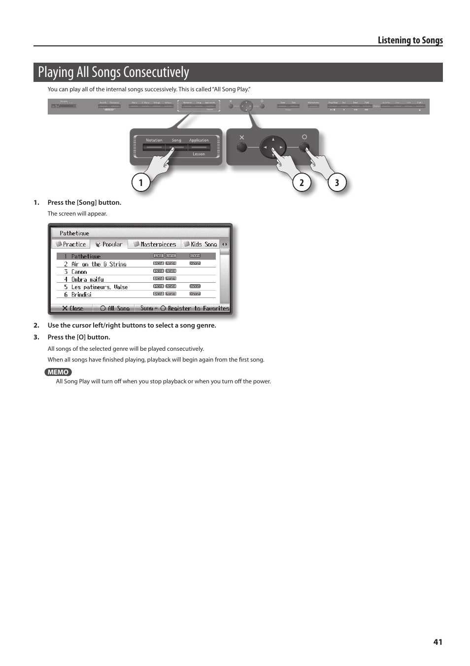 Playing all songs consecutively | Roland HPi-6F User Manual | Page 41 / 80
