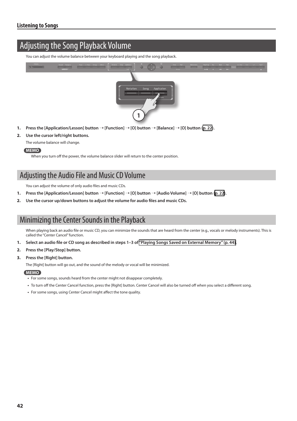 Adjusting the song playback volume, Adjusting the audio file and music cd volume, Minimizing the center sounds in the playback | Listening to songs | Roland HPi-6F User Manual | Page 42 / 80