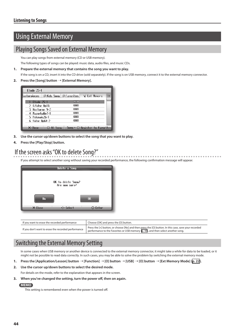 Using external memory, Playing songs saved on external memory, Switching the external memory setting | If the screen asks “ok to delete song, Listening to songs | Roland HPi-6F User Manual | Page 44 / 80