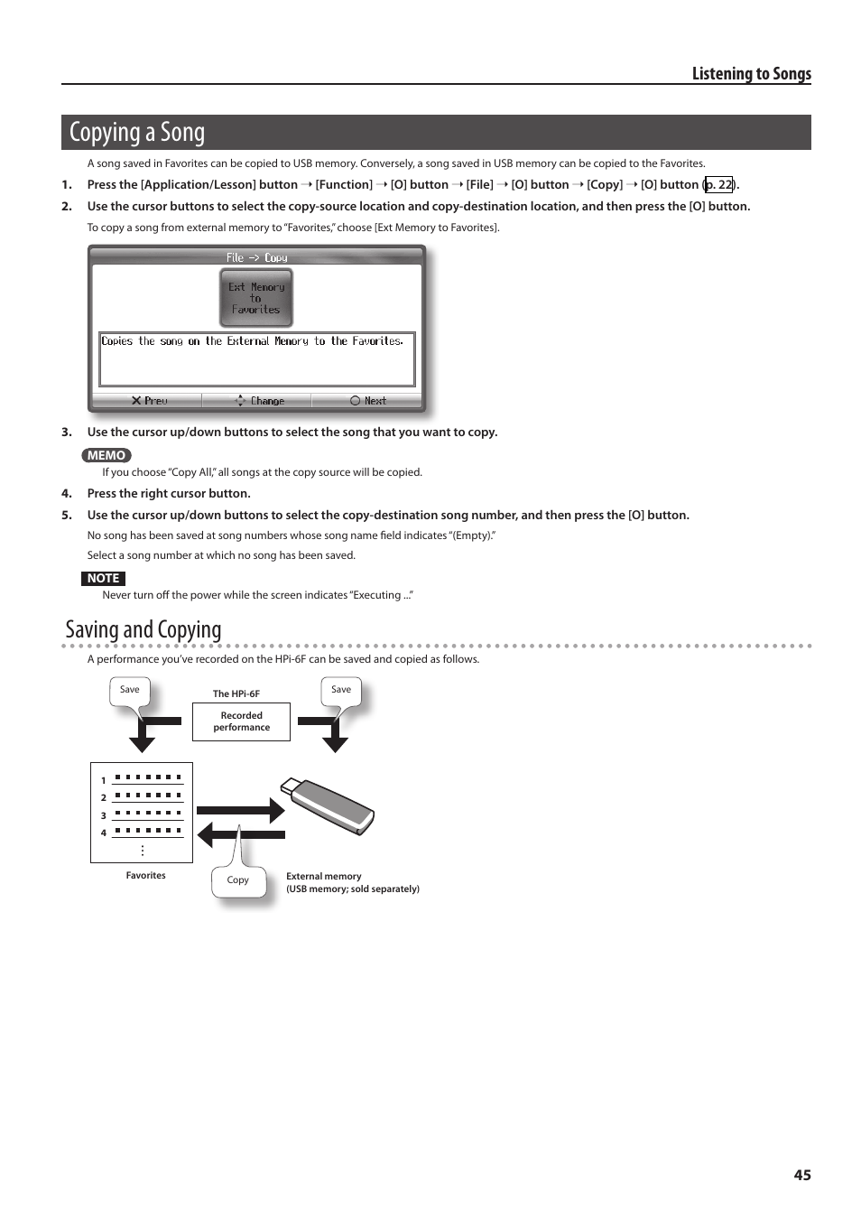 Copying a song, Saving and copying, Listening to songs | Roland HPi-6F User Manual | Page 45 / 80