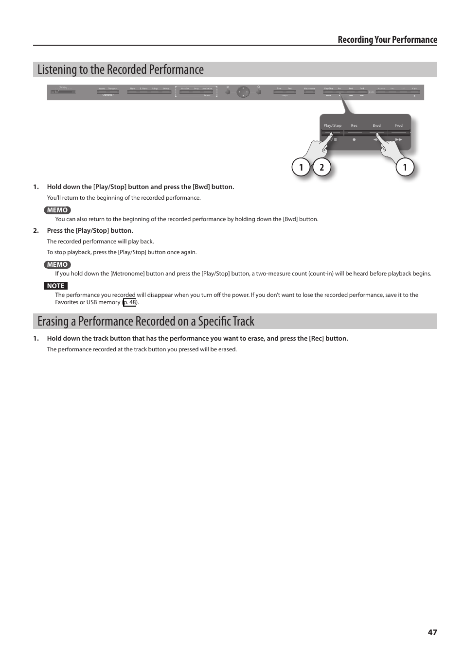 Listening to the recorded performance, Erasing a performance recorded on a specific track, Erasing a performance recorded on a specific | Track, Ding (p. 47 – p, Recording your performance | Roland HPi-6F User Manual | Page 47 / 80