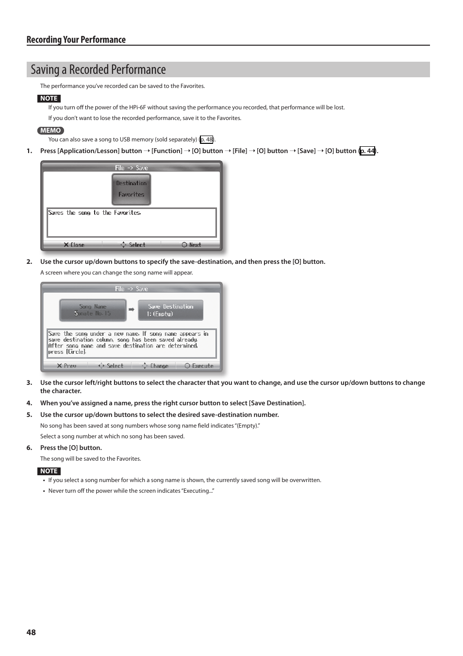 Saving a recorded performance, P. 48, Recording your performance | Roland HPi-6F User Manual | Page 48 / 80