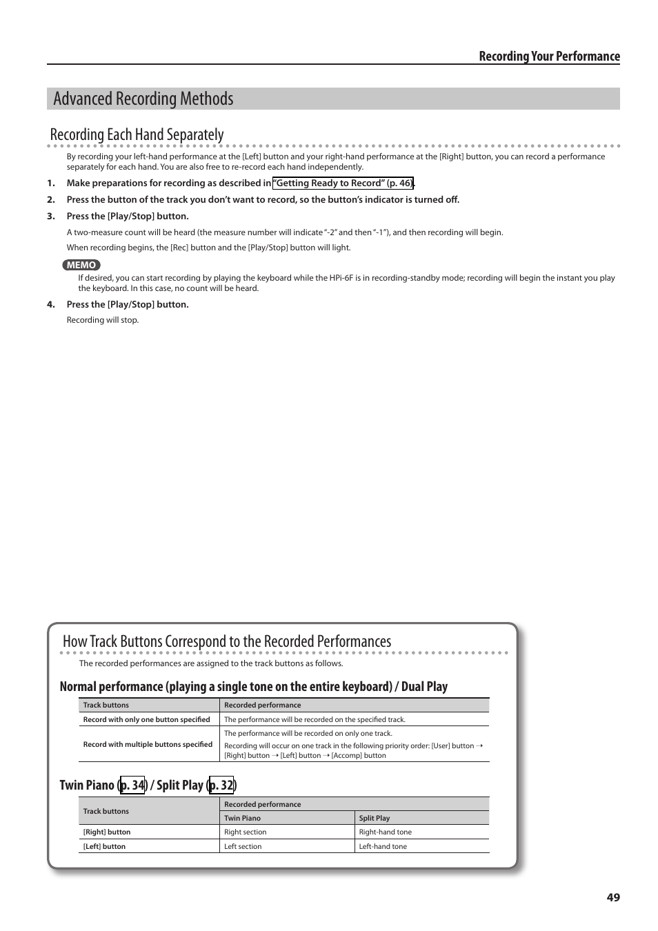 Advanced recording methods, Recording each hand separately” (p. 49), Recording each hand separately | Recording your performance, T win piano (p. 34) / s plit pla y (p. 32) | Roland HPi-6F User Manual | Page 49 / 80