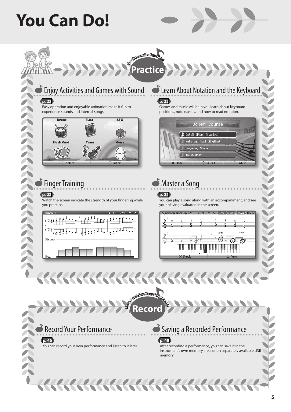 You can do, Practice, Record | Record your performance, Saving a recorded performance, Enjoy activities and games with sound, Finger training, Learn about notation and the keyboard, Master a song | Roland HPi-6F User Manual | Page 5 / 80
