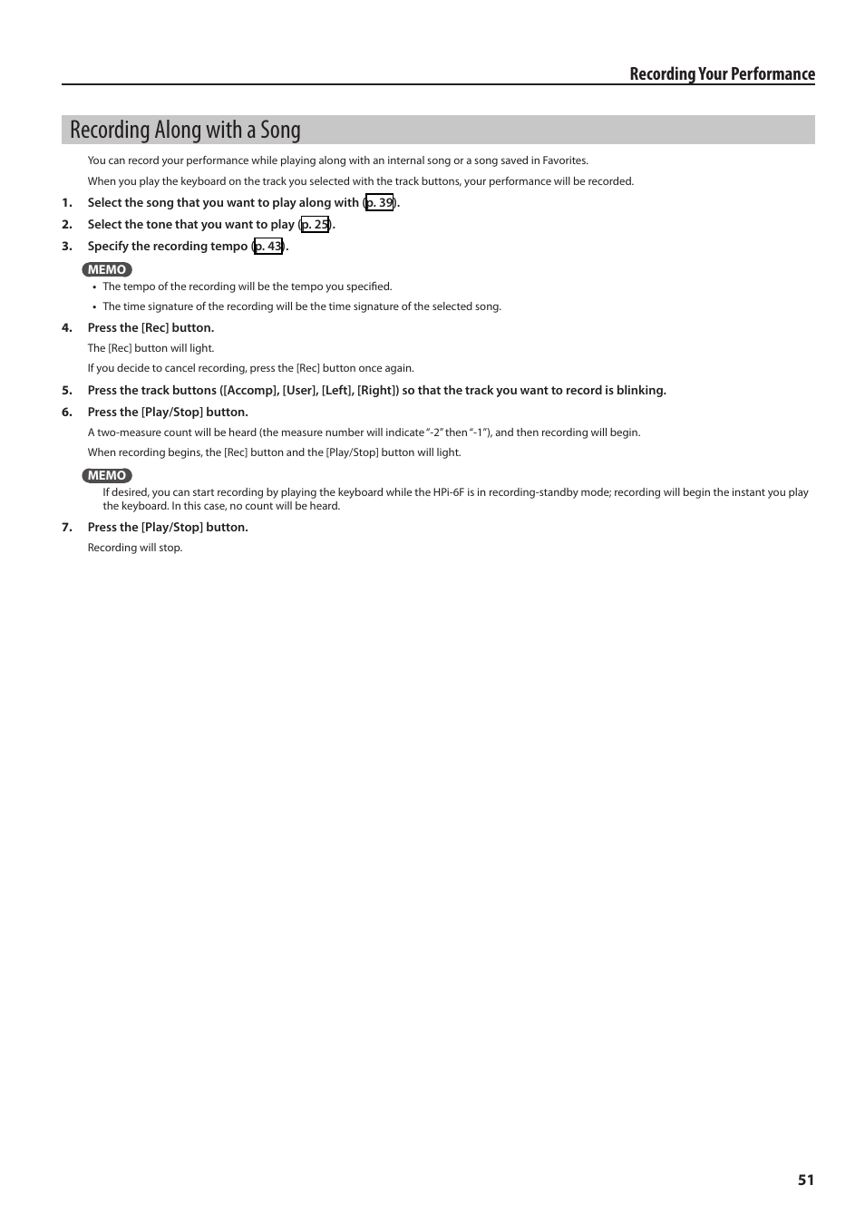 Recording along with a song, Recording your performance | Roland HPi-6F User Manual | Page 51 / 80