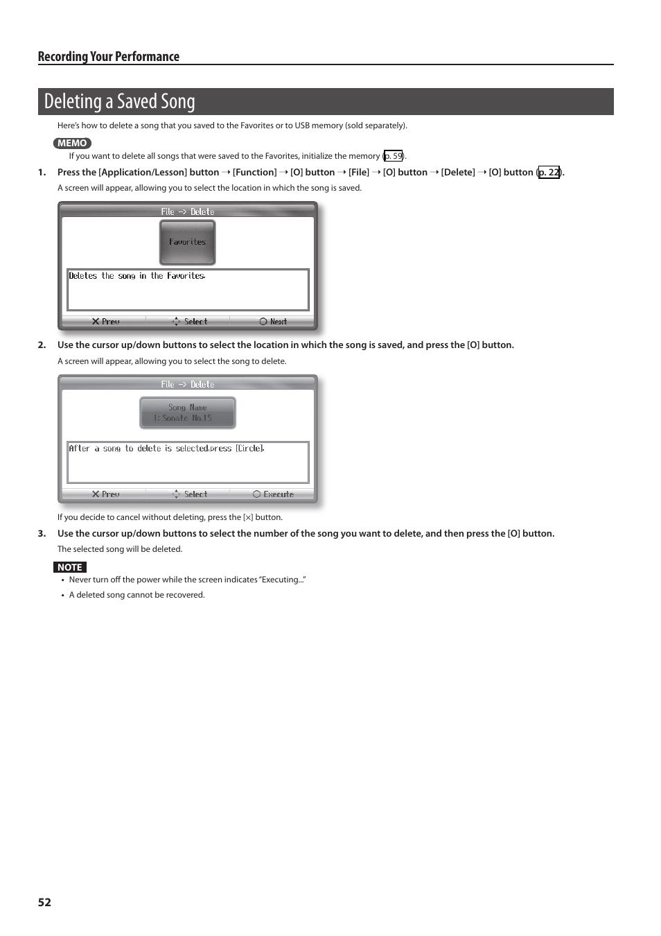 Deleting a saved song, Recording your performance | Roland HPi-6F User Manual | Page 52 / 80