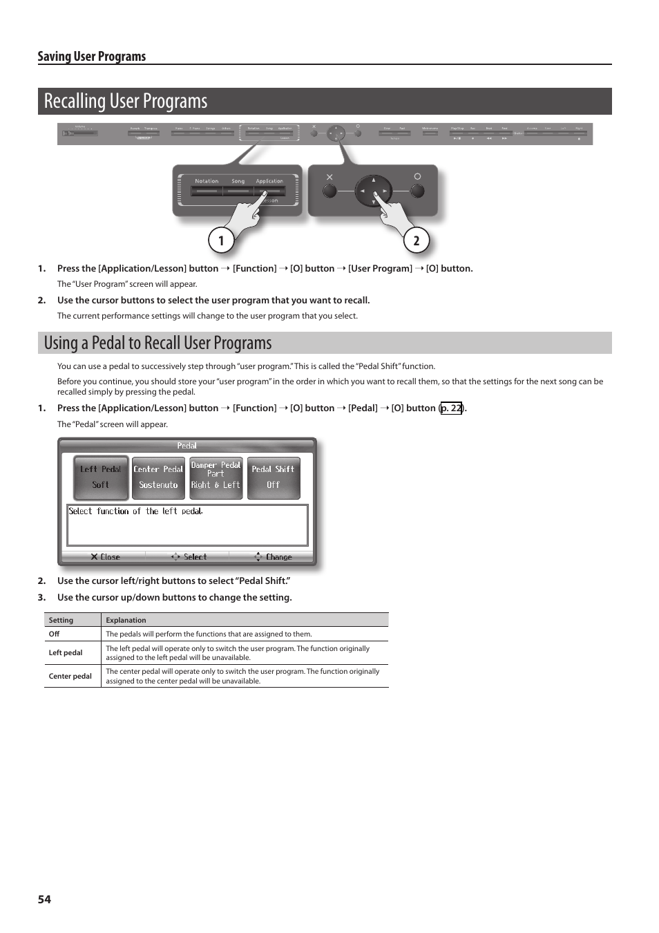 Recalling user programs, Using a pedal to recall user programs, Saving user programs | Roland HPi-6F User Manual | Page 54 / 80