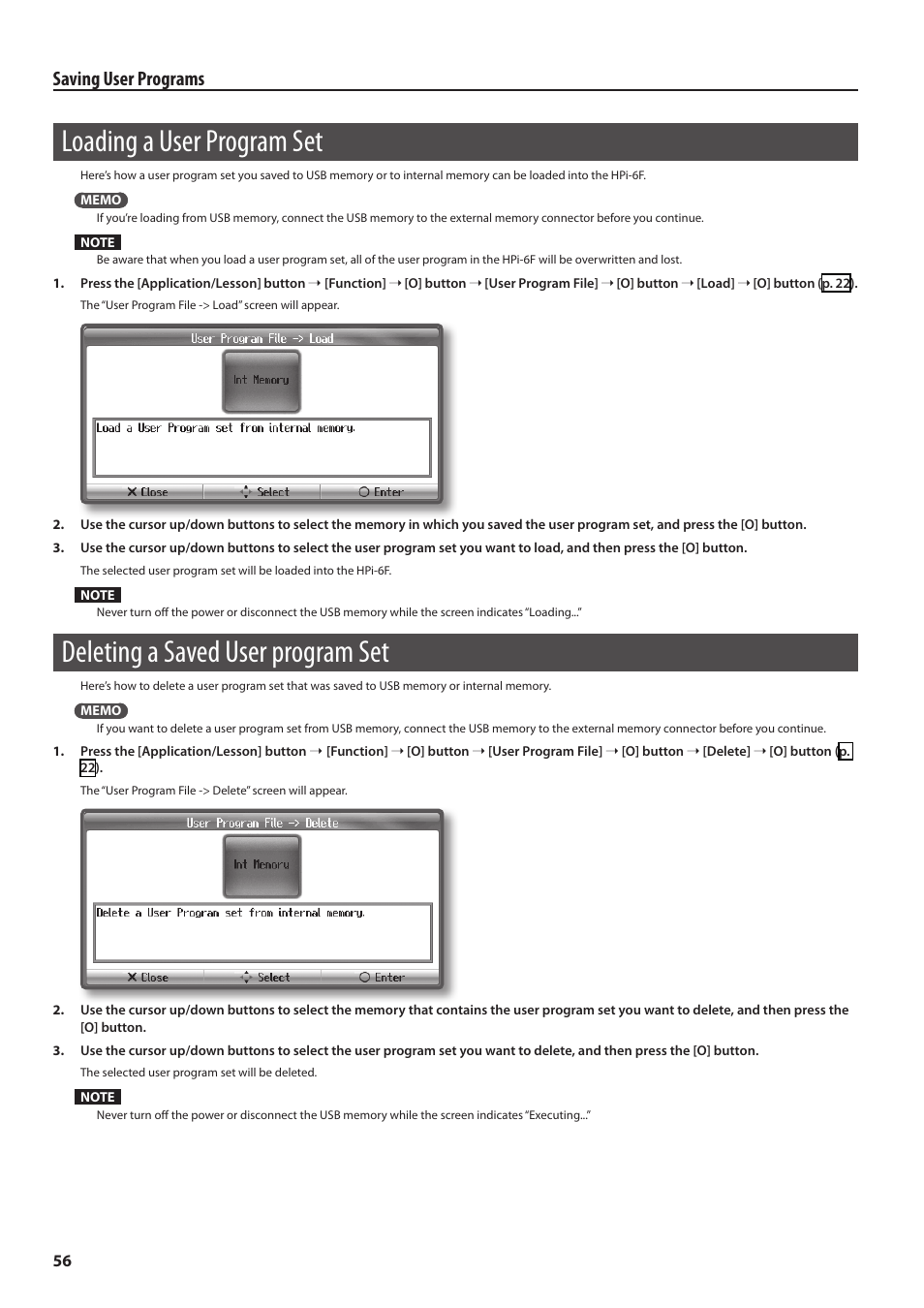 Loading a user program set, Deleting a saved user program set, Saving user programs | Roland HPi-6F User Manual | Page 56 / 80