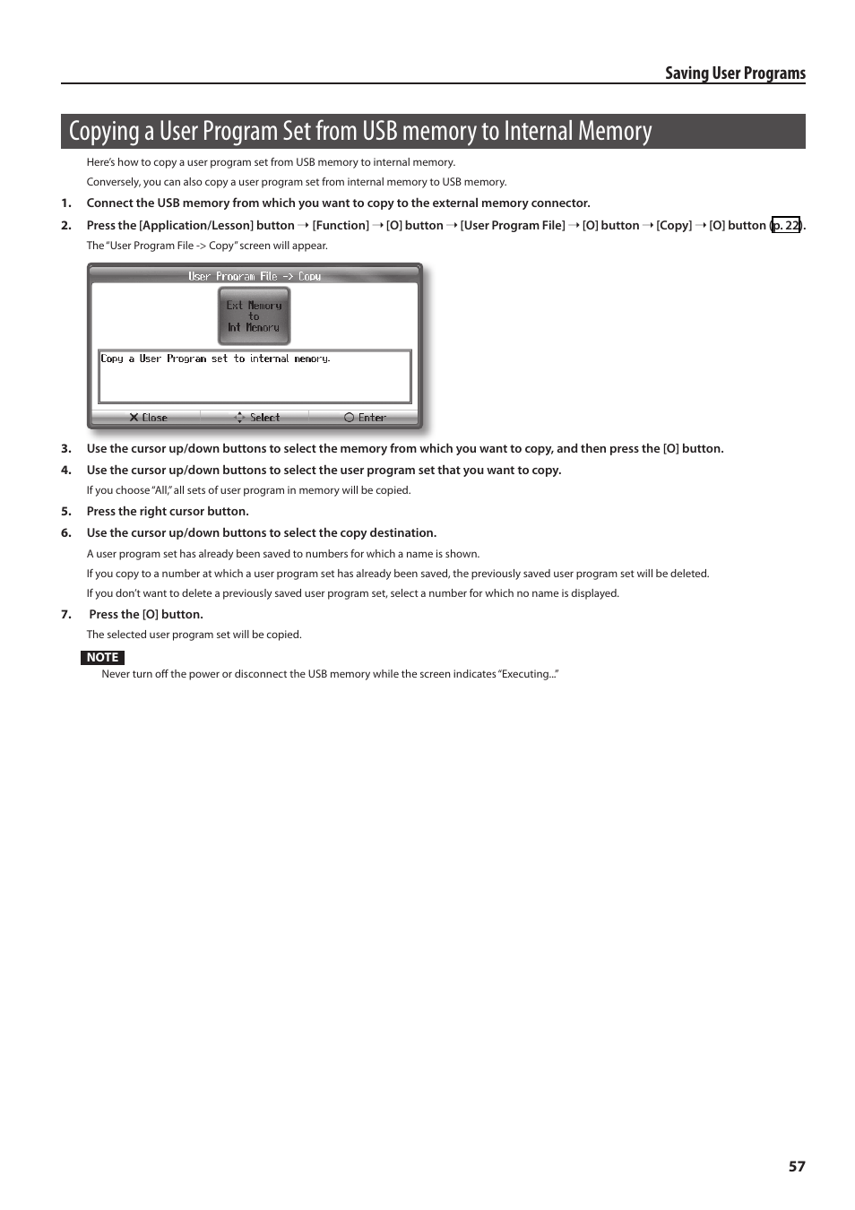 Copying a user program set from usb memory to, Internal memory, Saving user programs | Roland HPi-6F User Manual | Page 57 / 80