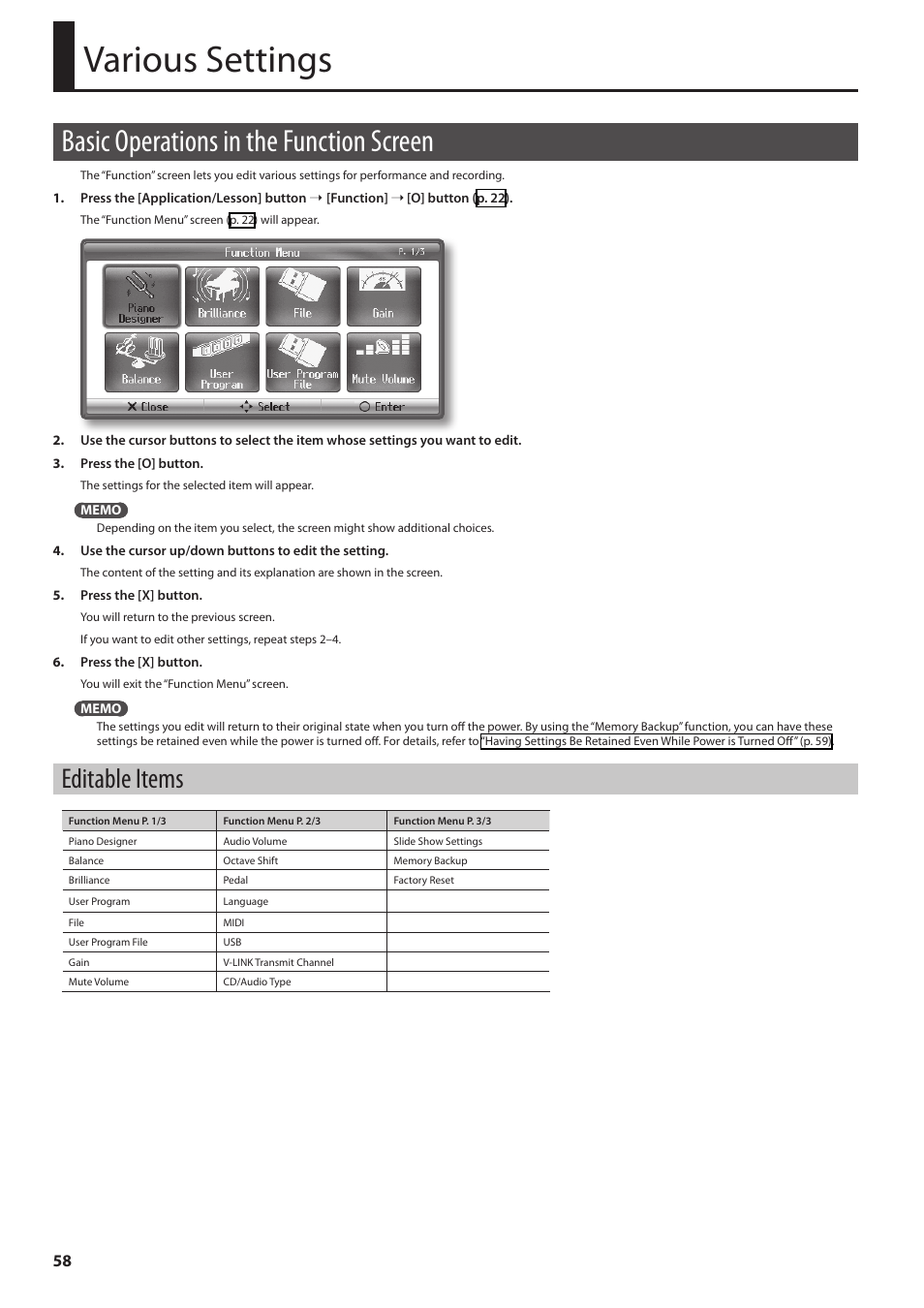 Various settings, Basic operations in the function screen, Editable items | P. 58), O the pedals (p. 58), P. 58 | Roland HPi-6F User Manual | Page 58 / 80