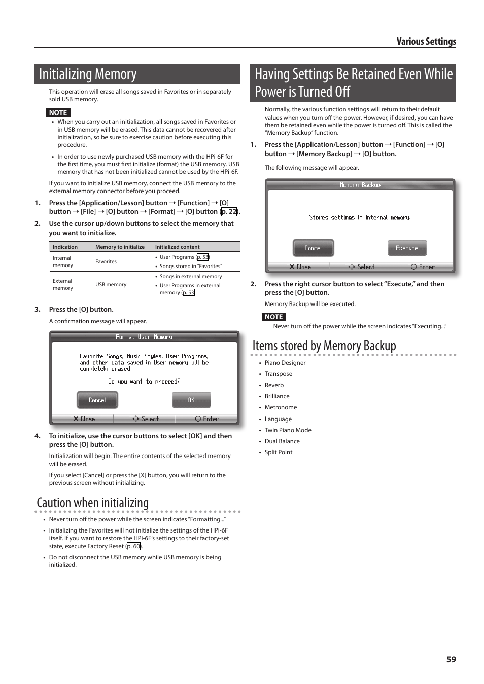 Initializing memory, Having settings be retained even while power is, Turned off | Caution when initializing, Various settings | Roland HPi-6F User Manual | Page 59 / 80