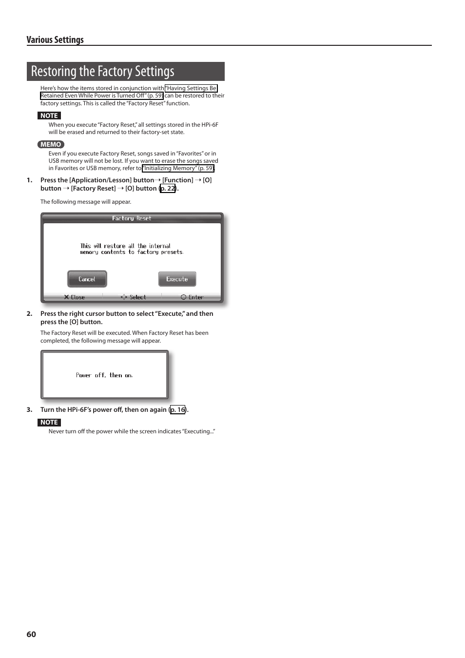 Restoring the factory settings, Eset (p. 60), Various settings | Roland HPi-6F User Manual | Page 60 / 80