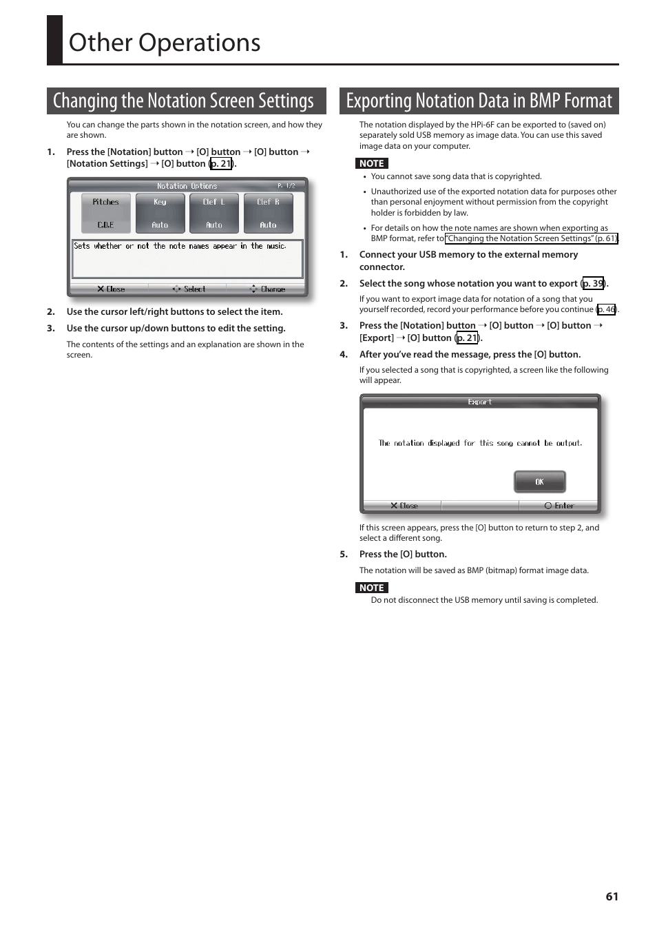 Other operations, Changing the notation screen settings, Exporting notation data in bmp format | Roland HPi-6F User Manual | Page 61 / 80