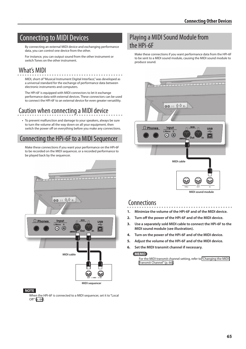 Connecting to midi devices, Connecting the hpi-6f to a midi sequencer, Playing a midi sound module from the hpi-6f | Playing a midi sound module from, The hpi-6f, Ta (p. 65), What’s midi, Caution when connecting a midi device, Connections, Connecting other devices | Roland HPi-6F User Manual | Page 65 / 80
