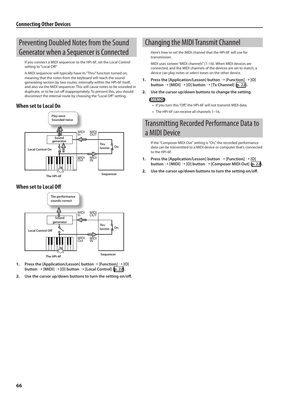 Changing the midi transmit channel, Preventing doubled notes from the sound, Generator when a sequencer is connected | Transmitting recorded performance data to a, Midi device, Connecting other devices, When set to local on, When set to local off | Roland HPi-6F User Manual | Page 66 / 80