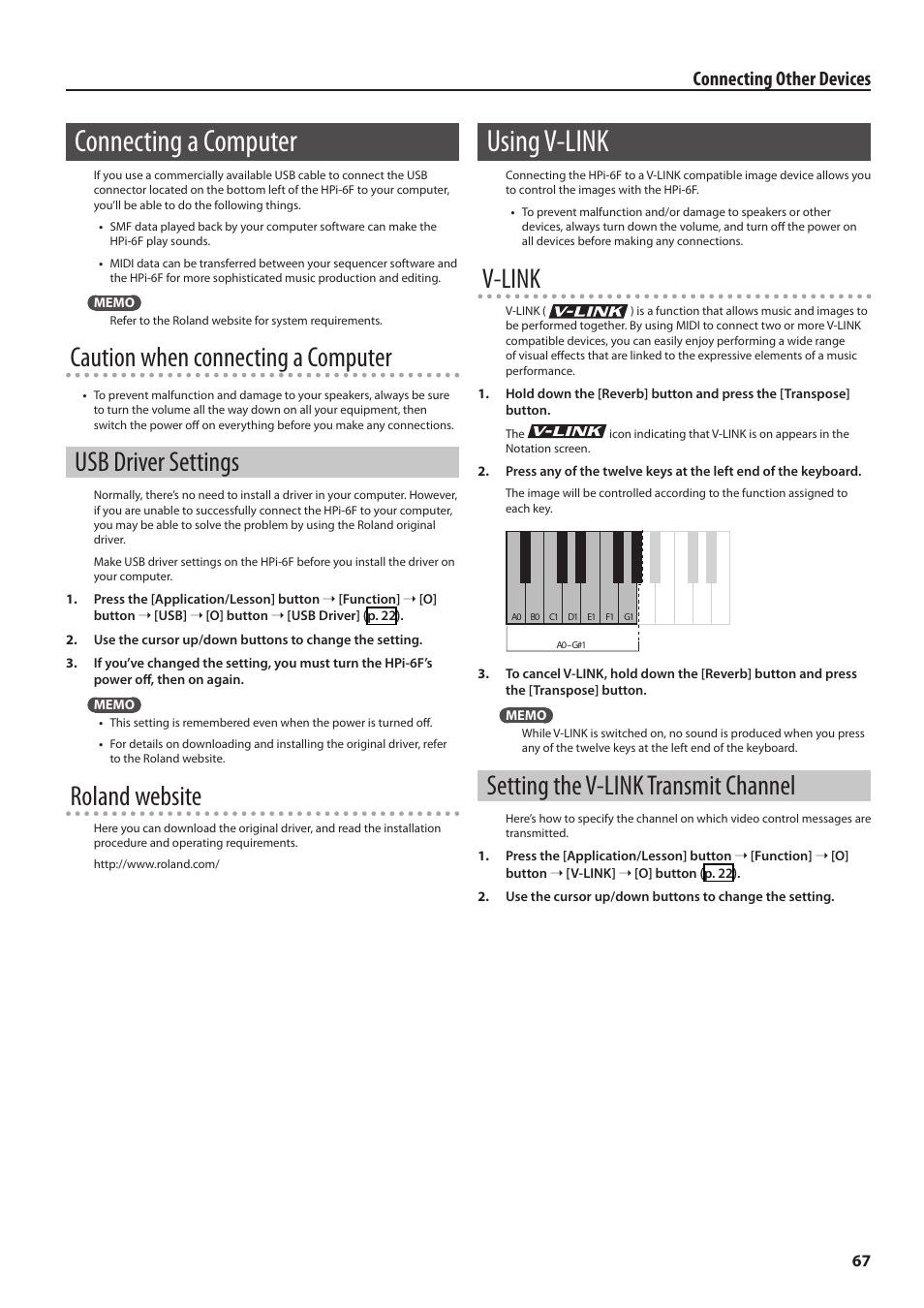 Connecting a computer, Usb driver settings, Using v-link | Setting the v-link transmit channel, Ta (p. 67), Caution when connecting a computer, Roland website, V-link, Connecting other devices | Roland HPi-6F User Manual | Page 67 / 80