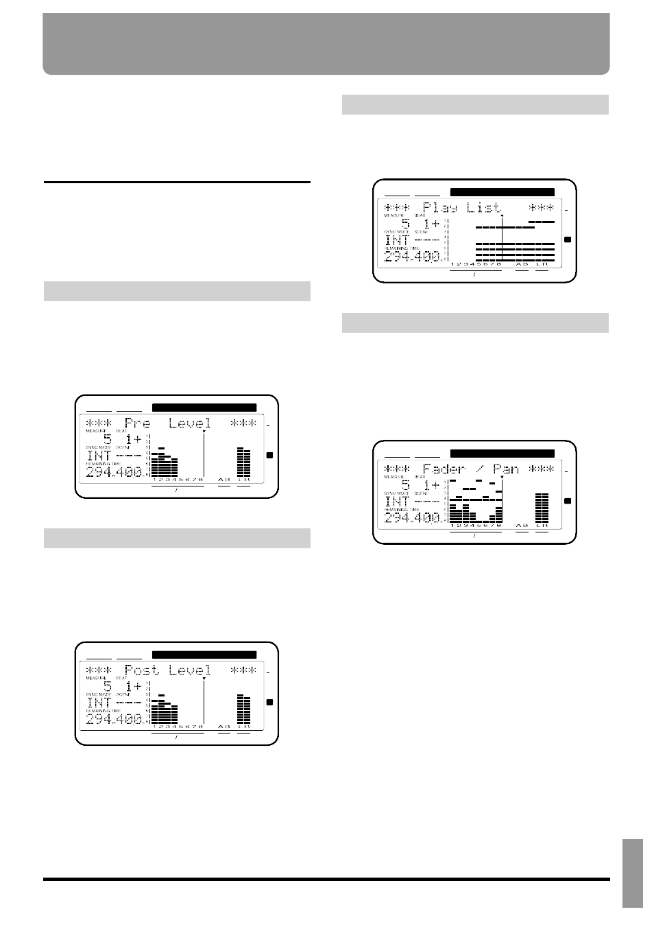 Switching the display content, Pre level, Post level | Play list, Feder/pan, Chapter 13 | Roland VS-880EX User Manual | Page 163 / 192