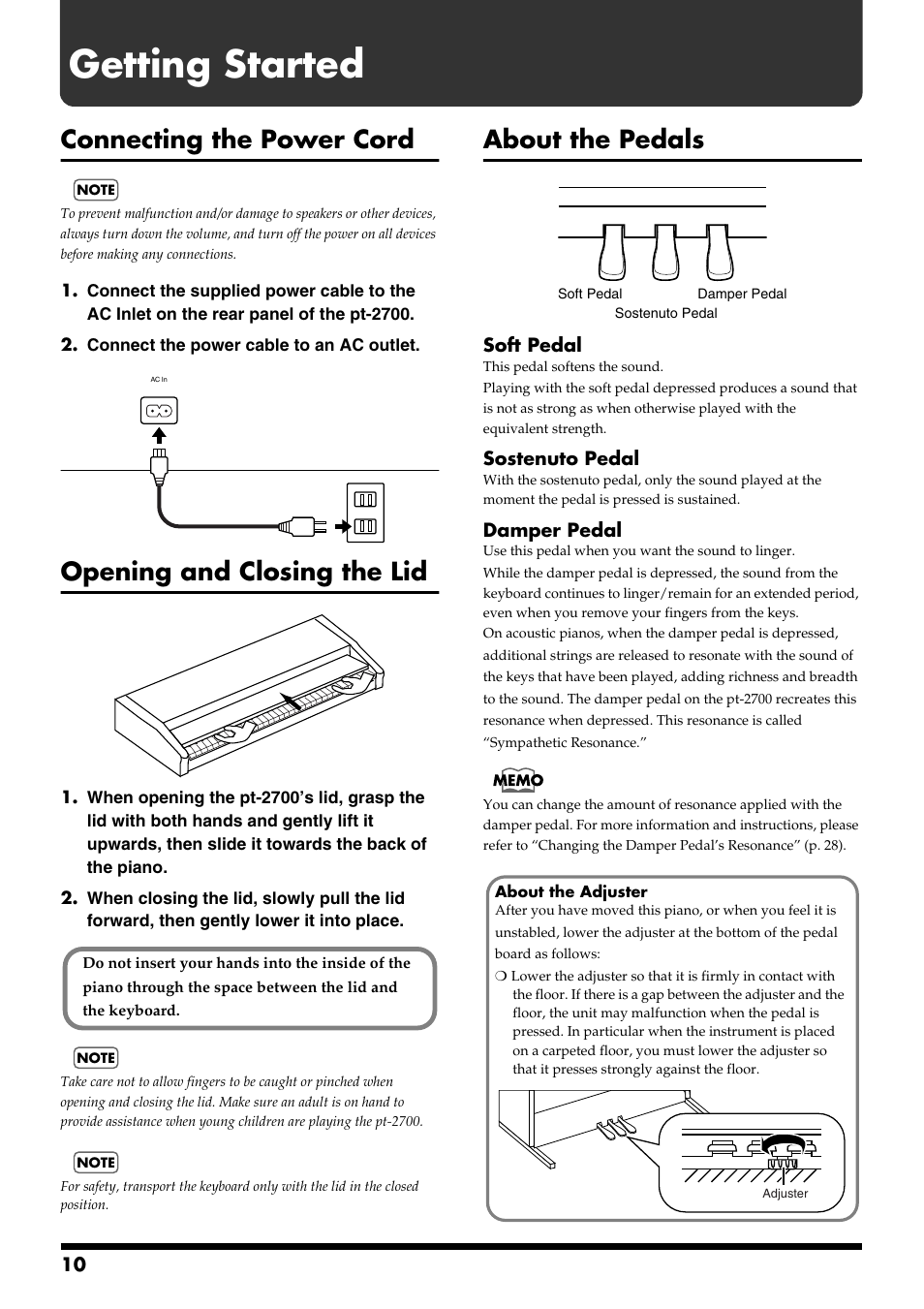 Getting started, Connecting the power cord, Opening and closing the lid | About the pedals | Roland pt-2700 User Manual | Page 10 / 44