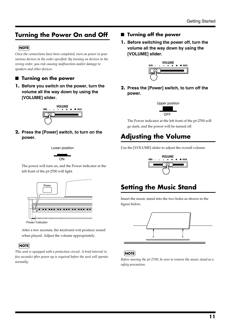 Turning the power on and off, Turning on the power, Turning off the power | Adjusting the volume, Setting the music stand, Pressed to switch the power on and off (p. 11), Adjusts the overall volume (p. 11) | Roland pt-2700 User Manual | Page 11 / 44