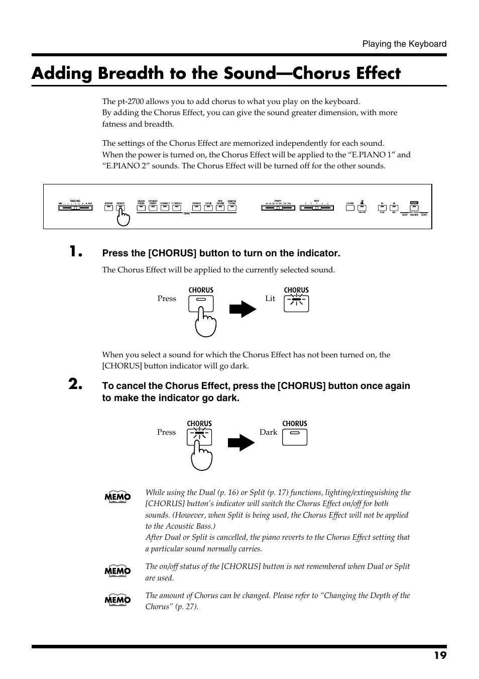 Adding breadth to the sound—chorus effect, Adds the chorus effect to the sound (p. 19) | Roland pt-2700 User Manual | Page 19 / 44