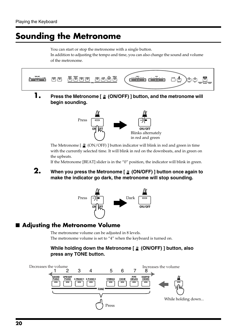 Sounding the metronome, Adjusting the metronome volume, Activates the built-in metronome (p. 20) | Roland pt-2700 User Manual | Page 20 / 44