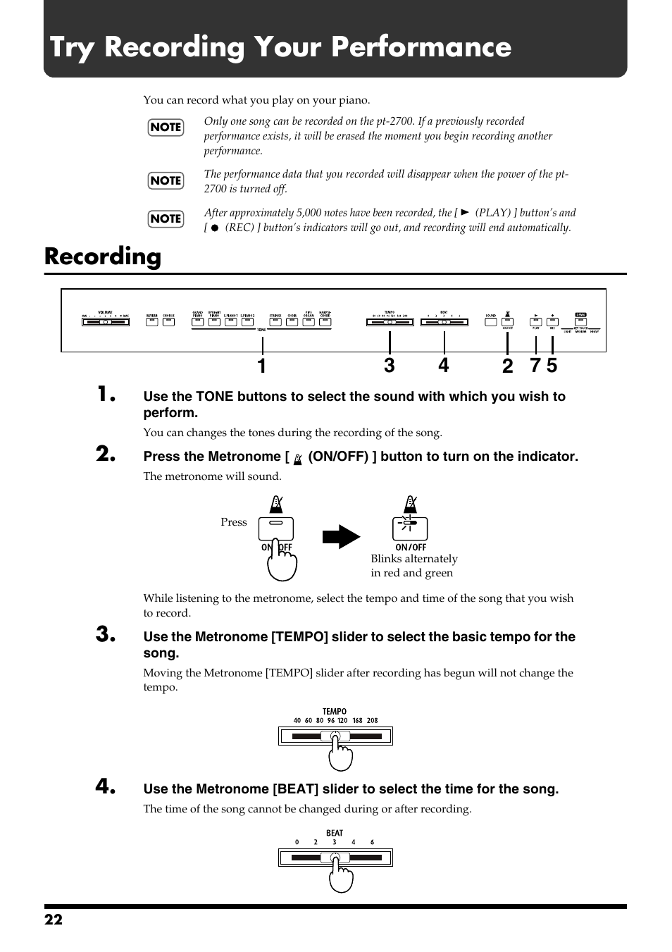 Try recording your performance, Recording, It also is used to start/stop recording (p. 22) | Roland pt-2700 User Manual | Page 22 / 44