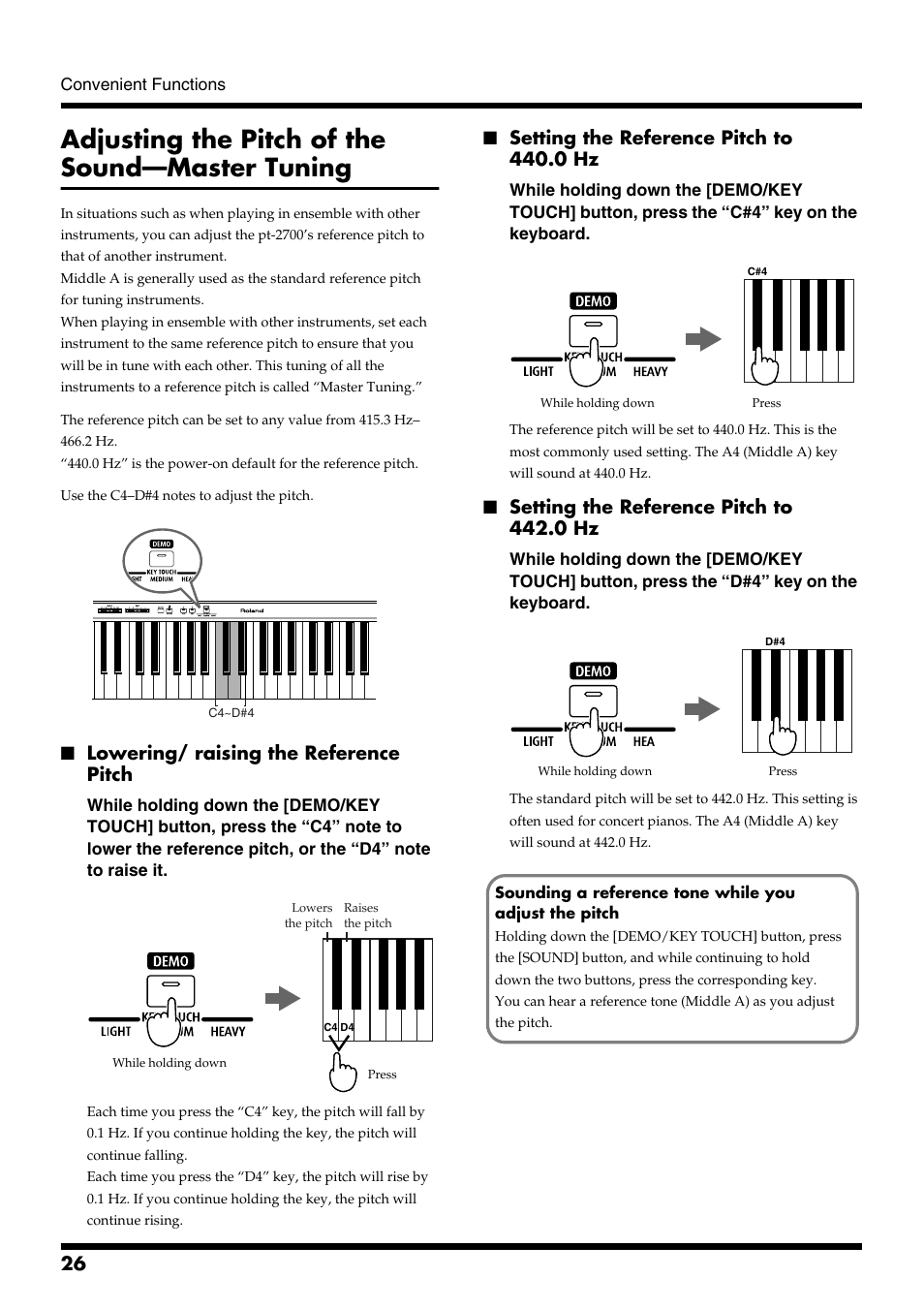 Adjusting the pitch of the sound—master tuning, Lowering/ raising the reference pitch, Setting the reference pitch to 440.0 hz | Setting the reference pitch to 442.0 hz | Roland pt-2700 User Manual | Page 26 / 44