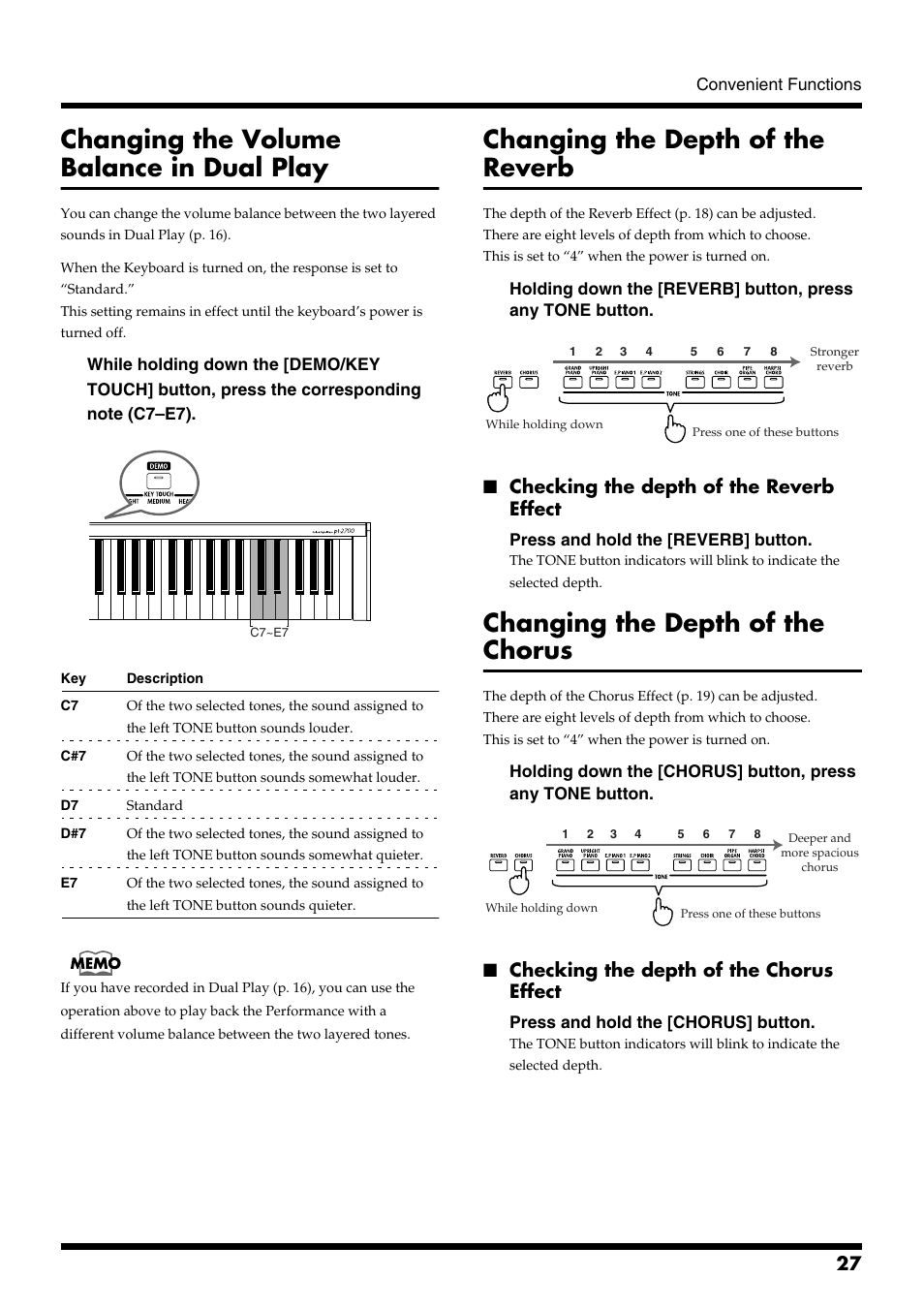Changing the volume balance in dual play, Changing the depth of the reverb, Checking the depth of the reverb effect | Changing the depth of the chorus, Checking the depth of the chorus effect | Roland pt-2700 User Manual | Page 27 / 44
