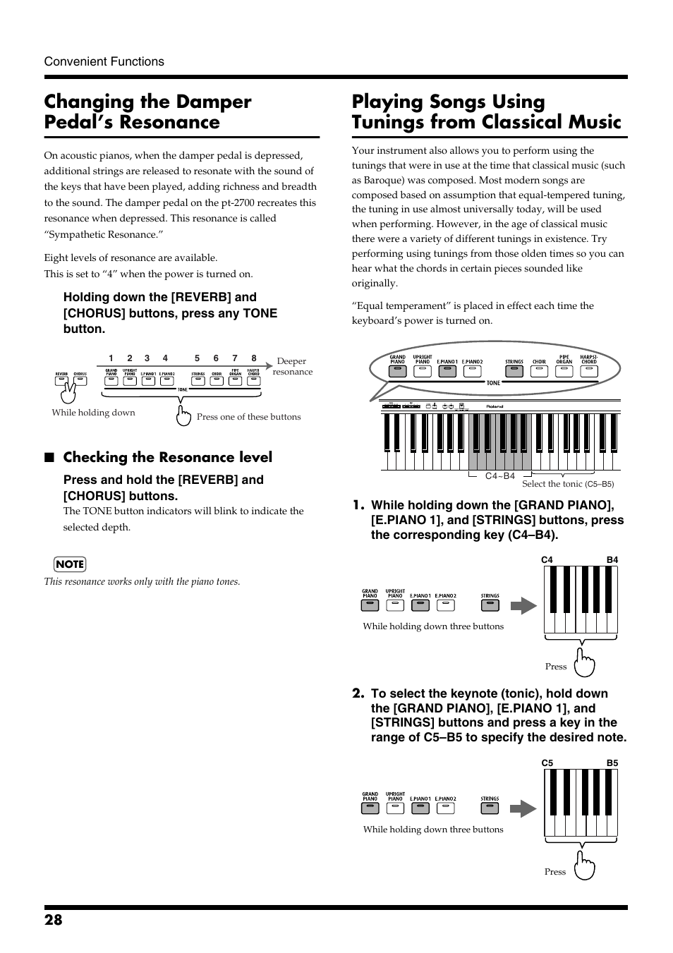 Changing the damper pedal’s resonance, Checking the resonance level, Playing songs using tunings from classical music | Roland pt-2700 User Manual | Page 28 / 44