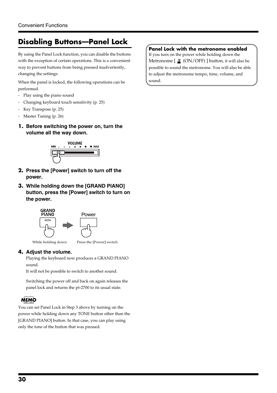Disabling buttons—panel lock | Roland pt-2700 User Manual | Page 30 / 44