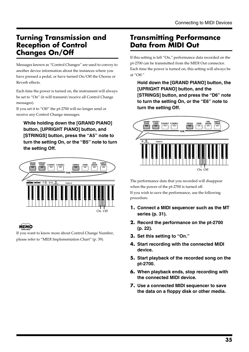 Transmitting performance data from midi out | Roland pt-2700 User Manual | Page 35 / 44