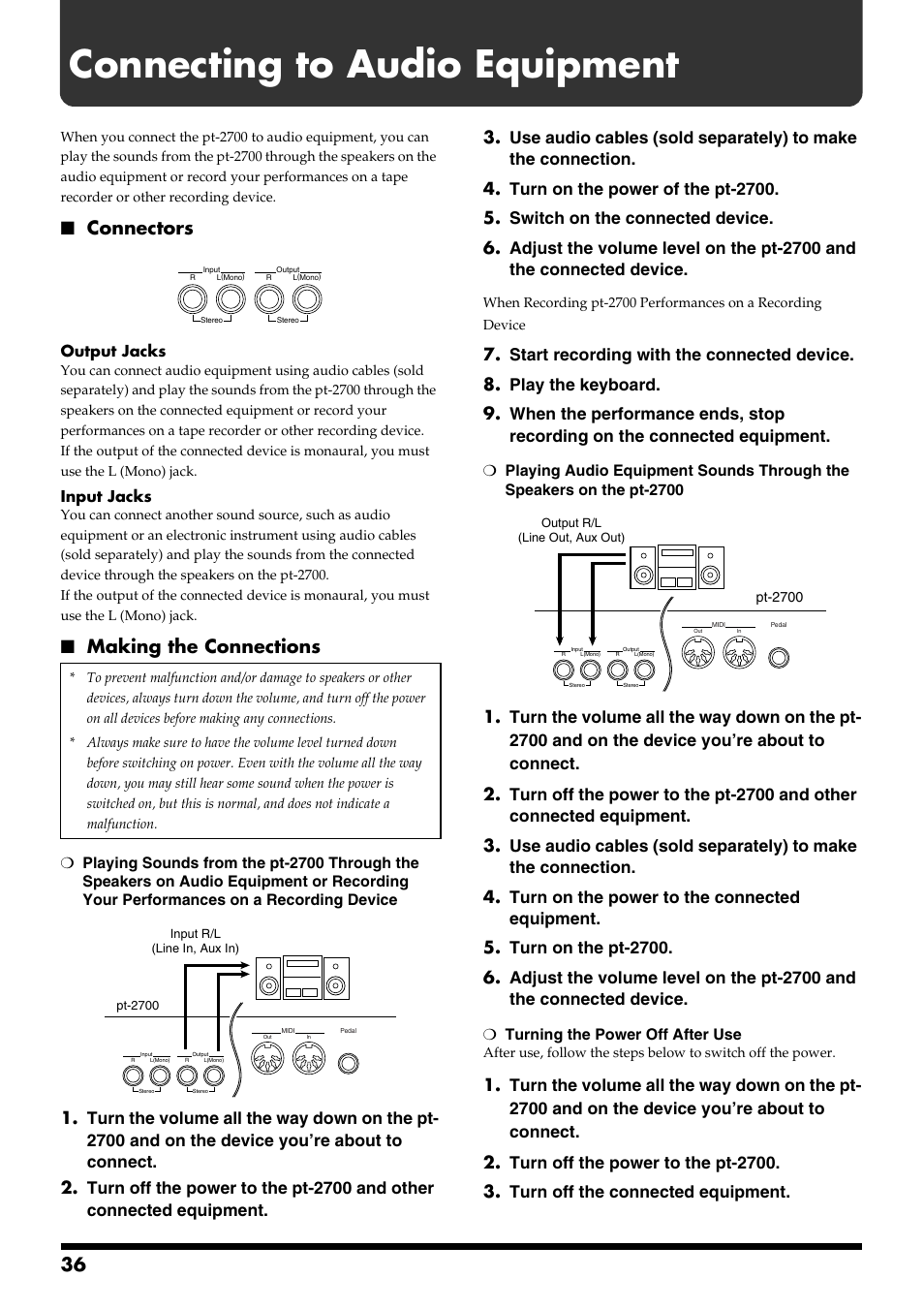 Connecting to audio equipment, Connectors, Making the connections | Connecting to audio equipment troubleshooting, Output jacks, Input jacks, Turning the power off after use | Roland pt-2700 User Manual | Page 36 / 44